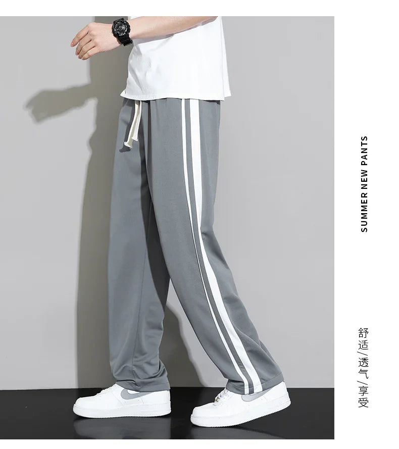 Summer New Men Sweatpants Joggers Straight Pants Neutral Breathable Loose Outdoor Quick Drying Fabric Striped Casual Trouser