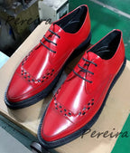 Men's Leopard Print Cowhide Derby Shoes Pointed Toe Genuine Leather Thick Soled Oxfords Spring Summer New Business Dress Shoes
