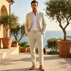 Men's Linen Suit 2 Piece Set Blazer & Drawstring Pants Business Casual Suit Jacket Trousers Summer Beach Wedding Formal Outfit