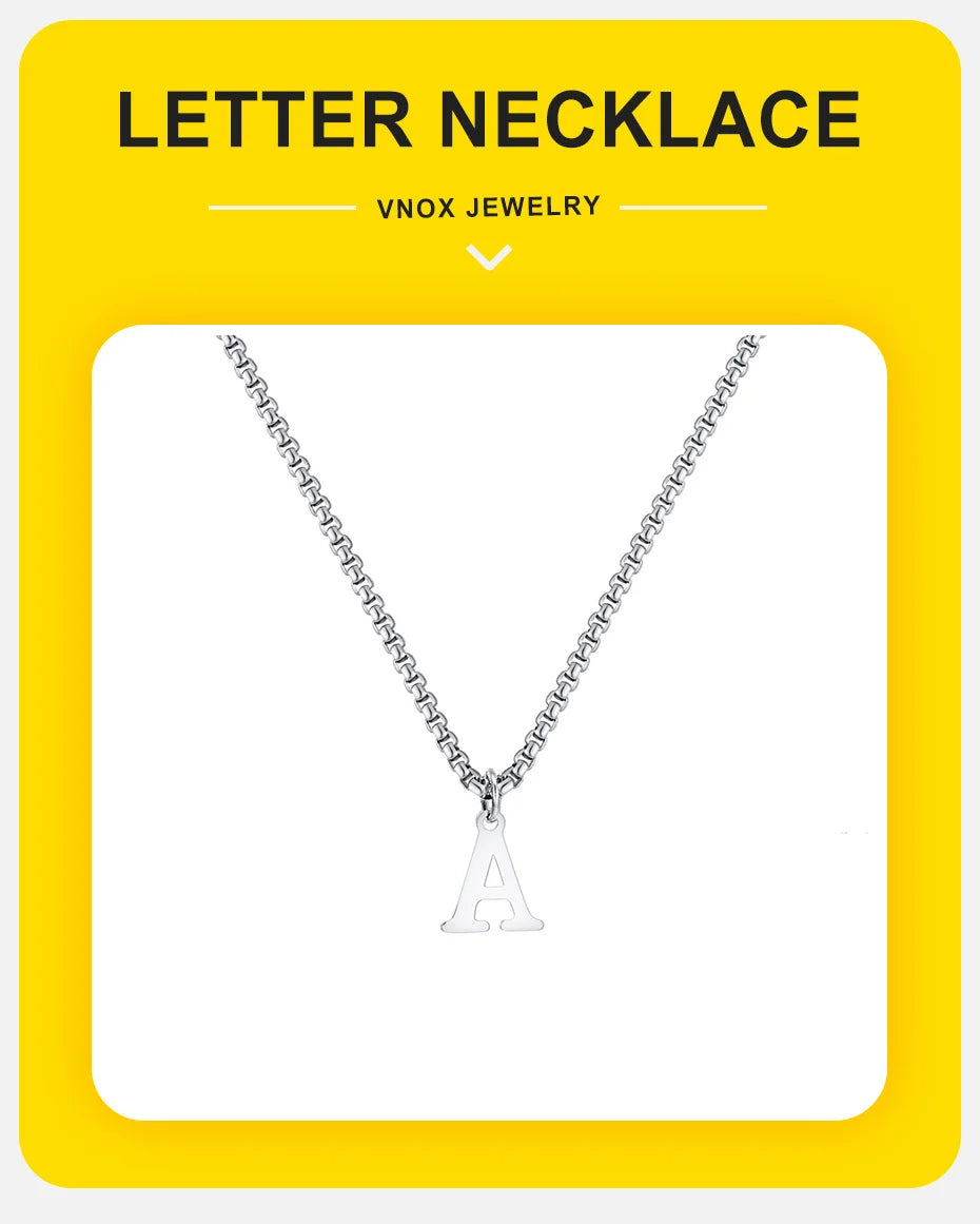 Vnox Simple A-Z Letter Necklace for Men, Waterproof Stainless Steel 26 Letters Pendant Necklace，Men’s Minimal Initial Necklace