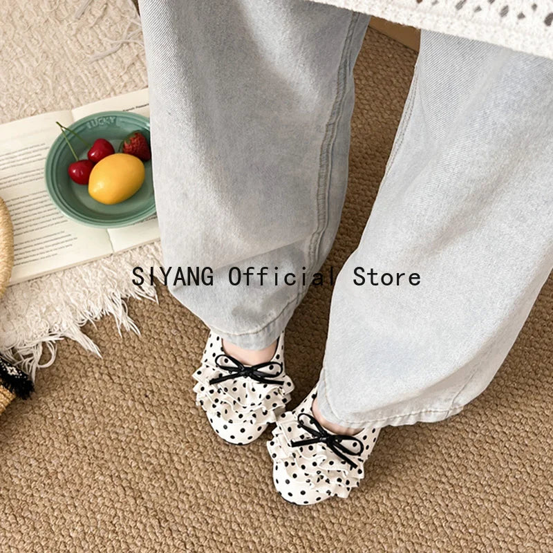 Polka Dot Mary Jane Shoes Women Sweet Ruffle Internal Elevation Shoes Ladies Soft Sole Slip On Daily Comfort Dress Footwear