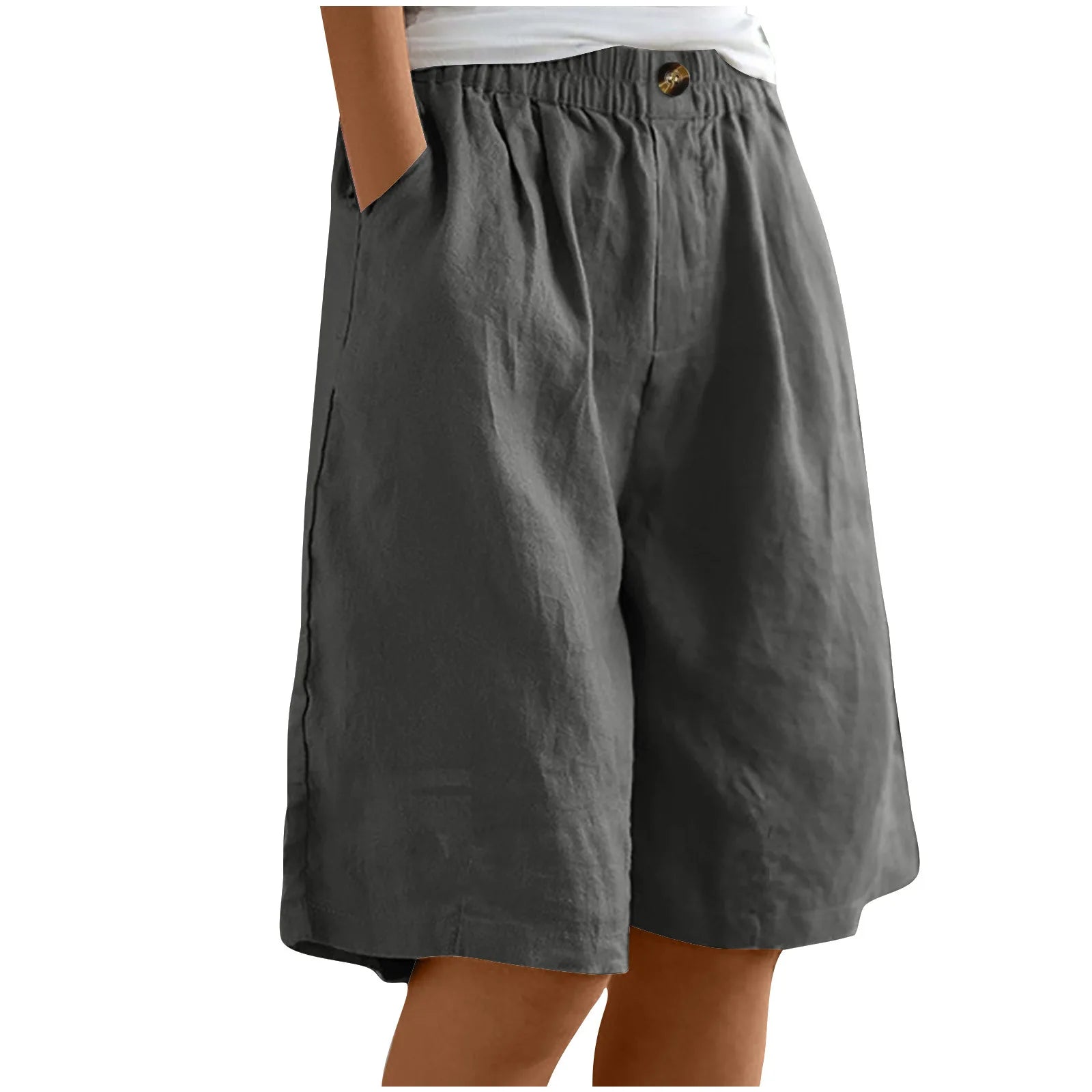 2024 Summer Women's Middle Pants Cotton and Hemp Shorts Five Quarter Pants Loose High Waist Button Shorts for Female