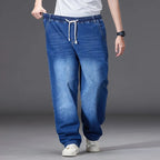 8XL Elastic Waist Men's Jeans, Loose Straight Leg Stretch Denim Pants, Plus Size Casual Streetwear, Big Size Relaxed Fit Trouser
