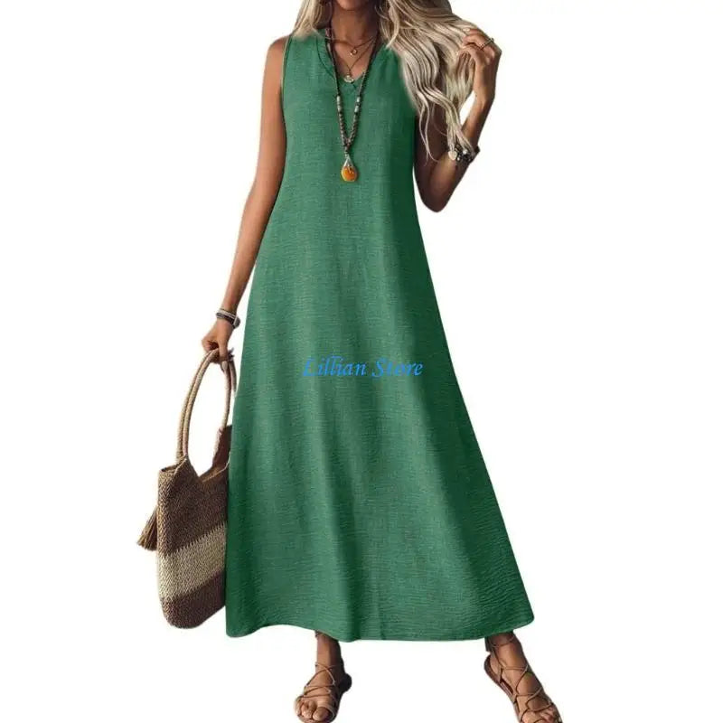 Q1FA Summer Dresses for Women Cotton Linen Maxi Dress Casual Sleeveless Long Sundress Vacation Outfits
