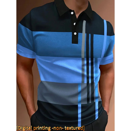 Men Black Blue Gray Geometric Color Block Polo Shirt Lapel Short Sleeve Breathable Casual Summer Golf Daily Tops
