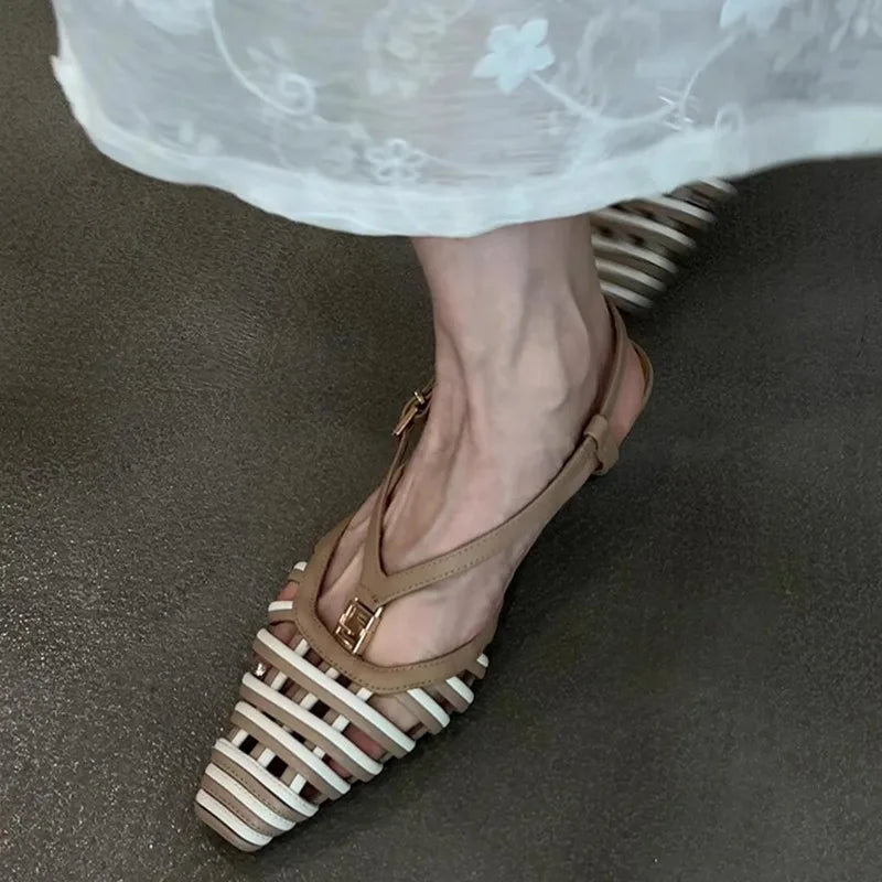 Hlieny Fashion Hollow Out Metal Buckle Woman's Pumps Summer Square Toe Slingback Shoes Low Thin Heels Mules Sandals Women Brown