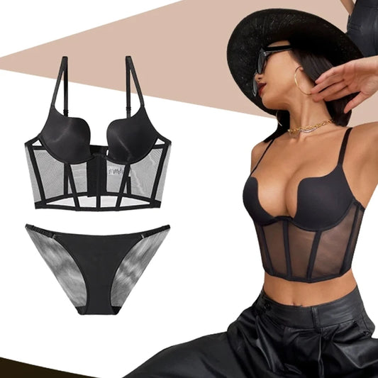 Women Push Up Bra Sets Transparent Lingerie Sexy Shaper Bra Beauty Back Comfortable Underwear Adult's Fishbone Gauze Bralette
