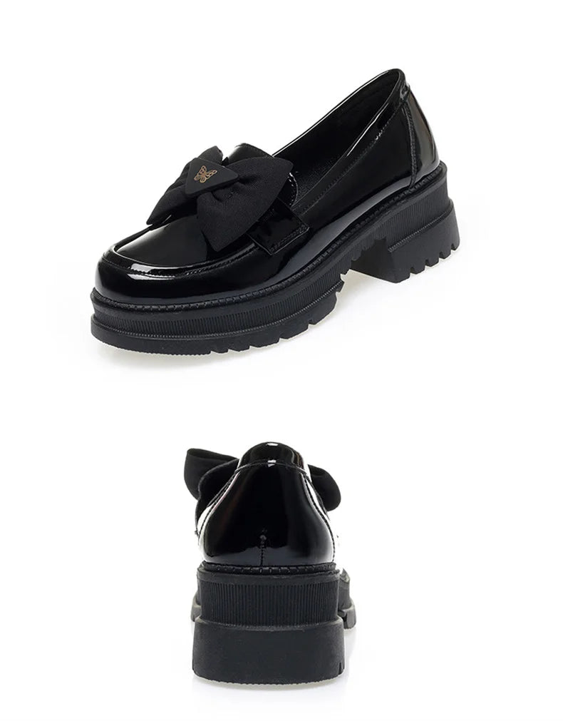 Spring Women British Style Shallow Patent Leather Black Loafers Thick Bottom Bow Platform Shoes 2024 Med Heels Single Pumps