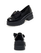 Spring Women British Style Shallow Patent Leather Black Loafers Thick Bottom Bow Platform Shoes 2024 Med Heels Single Pumps