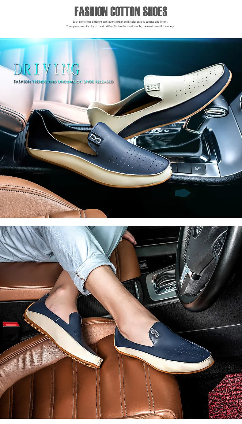 Summer Men Casual Flats Fashion Genuine Leather Soft Moccasins Brand Loafers High Quality Breathable Men Dress Shoes Size 36-47