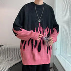 Fashion Gradient Flame Print Oversized Long Sleeve Sweaters Casual Pullovers Men's Clothing All-match Korean Loose Knitting Tops