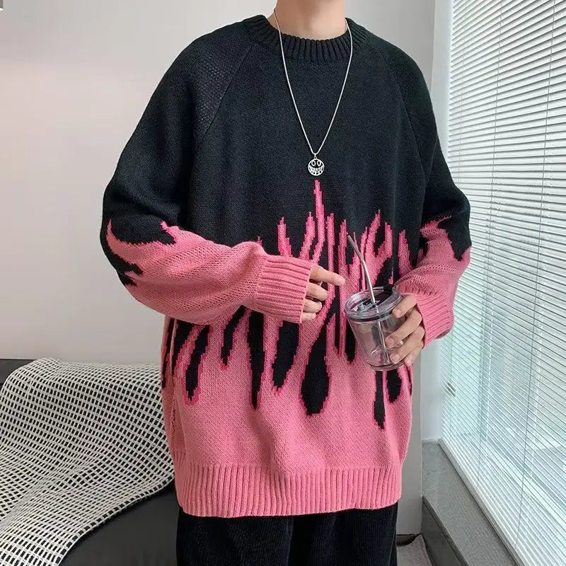 Fashion Gradient Flame Print Oversized Long Sleeve Sweaters Casual Pullovers Men's Clothing All-match Korean Loose Knitting Tops