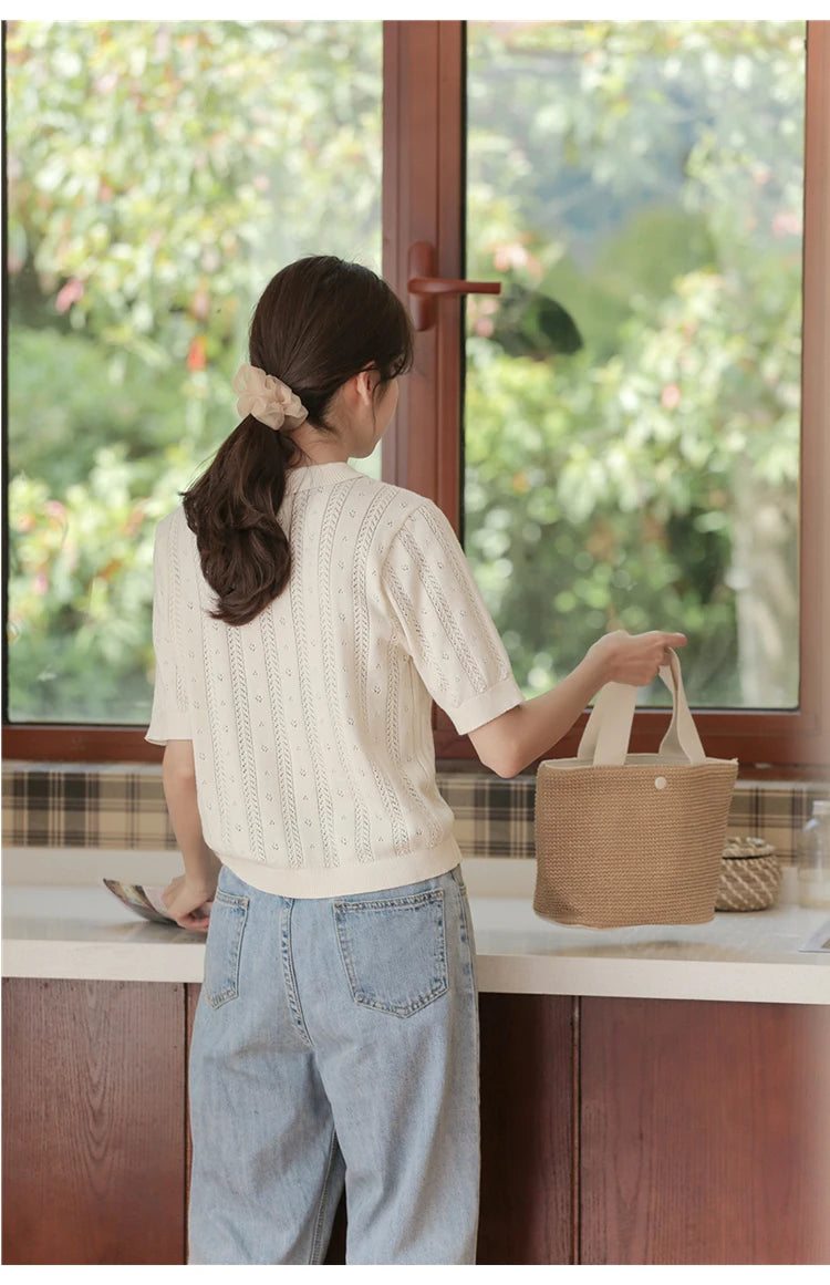 New Summer Fashion 100% Cotton Women Hollow-out Sweater T-shirt Short-sleeve Polo Collar Pullover Tees Korea Casual Knitted Tops