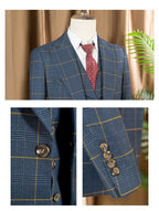ST Cassy Dark Blue 3 Piece Checkered Suit Set Stylish Business Office Wedding Formal Outfit Elegant Full Man Suit