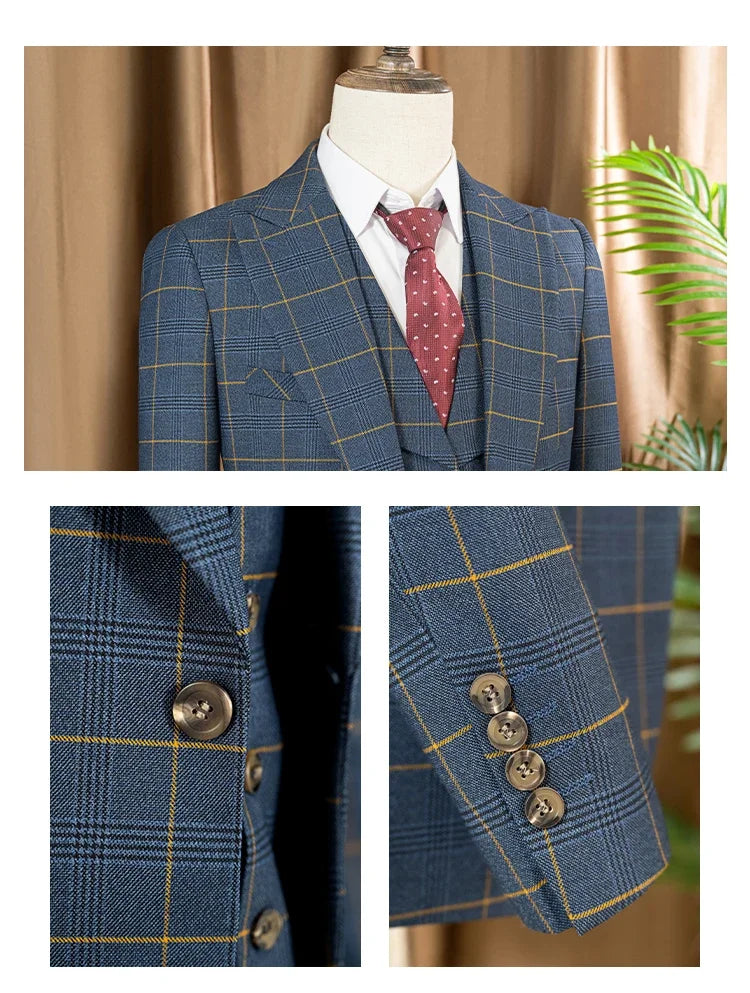 High Quality 3 Piece Checkered Suit Set Dark Blue Stylish Business Office Wedding Formal Outfit Elegant Full Man Dinner Suit