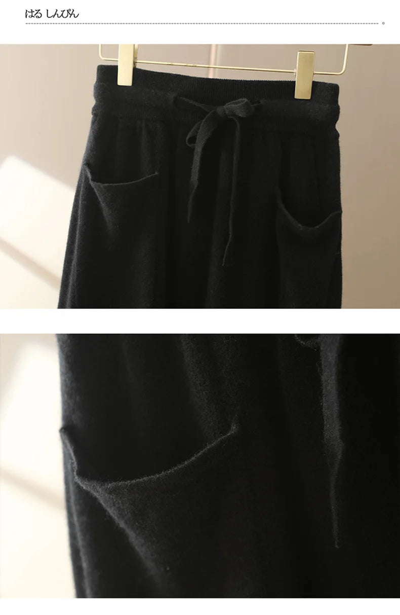 Autumn And Winter100% Pure Wool Skirt Women's Long Pocket Small A Skirt High Waist Slim Cashmere Knit A-Line Skirt