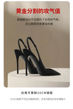 New Baotou fine heeled sandals for women, black with a buckle strap and a back strap, fashionable suede high heels