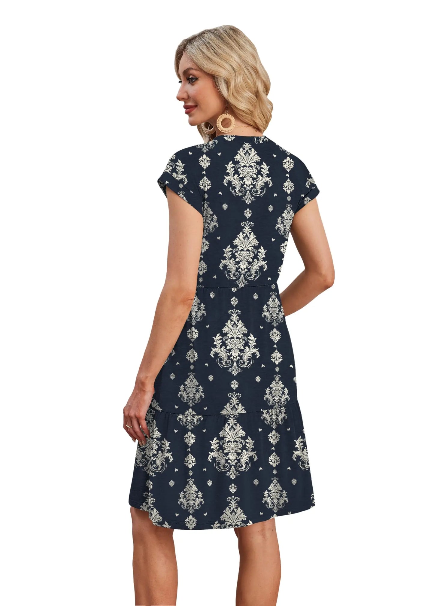 Women Cap Sleeve Casual Tiered Swing Dress Floral Print Summer Beach Vacation Dress
