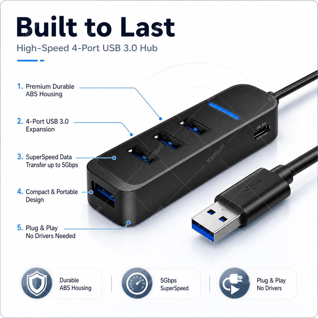 USB 3.0 Hub 4 Ports 5M Extension Cable Multi Port USB Hub Adapter High Speed Data Transfer for Laptop PC Computer Notebook