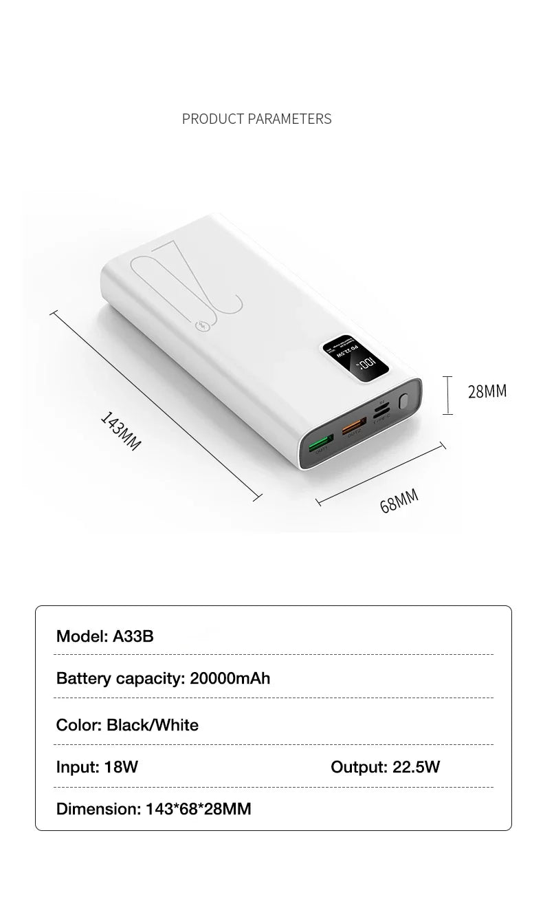 20000mAh Power Bank USB C 22.5W Fast Charging Portable Large Capacity Powerbank For Xiaomi iPhone Samsung External Spare Battery