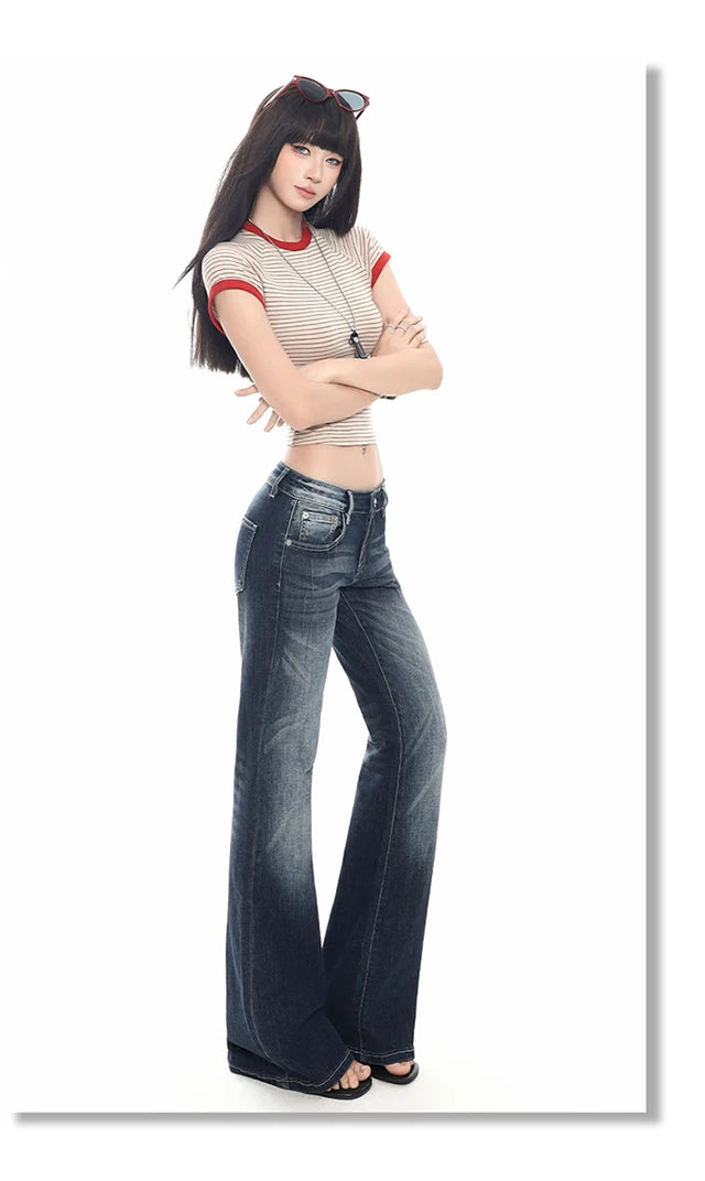 2026 New Ladies American Vintage Washed Micro Flare Denim Pants High Waist Slim Lazy Floor-Length Retro Street Long Jeans