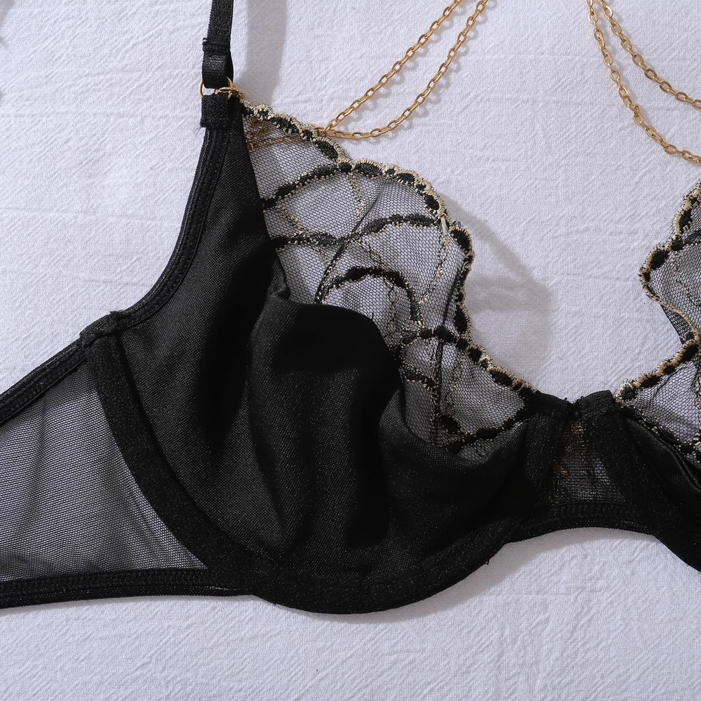 Ellolace Romantic Women's Lingerie Sets Elegant Chains Bra Belt Thong 3PC with Gloves Stockings Shiny Intimate Honey Underwear