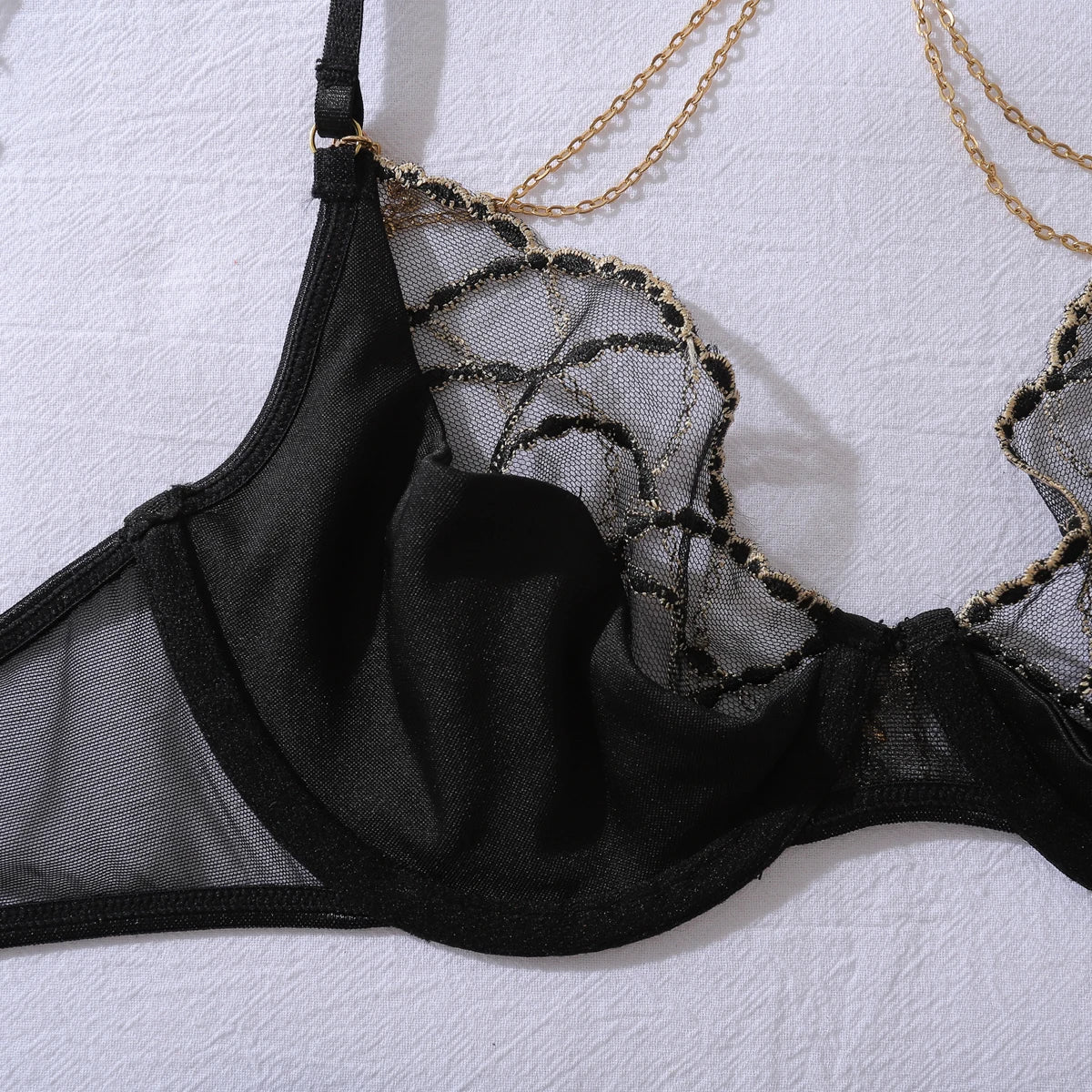 Ellolace Romantic Women's Lingerie Sets Elegant Chains Bra Belt Thong 3PC with Gloves Stockings Shiny Intimate Honey Underwear