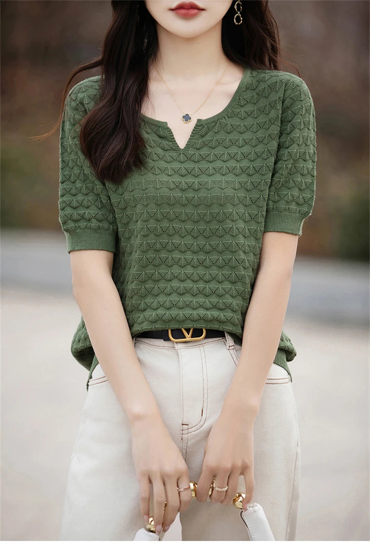 Women's T-shirt Summer New 100% Pure Cotton Tees Casual Solid Knitted Short sleeved V-neck Pullover Loose Tops Fashion Sweater