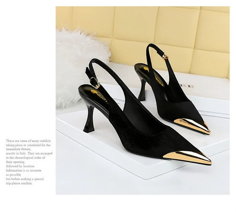 Elegant Women Green High Heel Velvet Pumps Wedding Party Slingback Sandals Metal Pointed Toe Hollow Buckle Wine Red Shoes