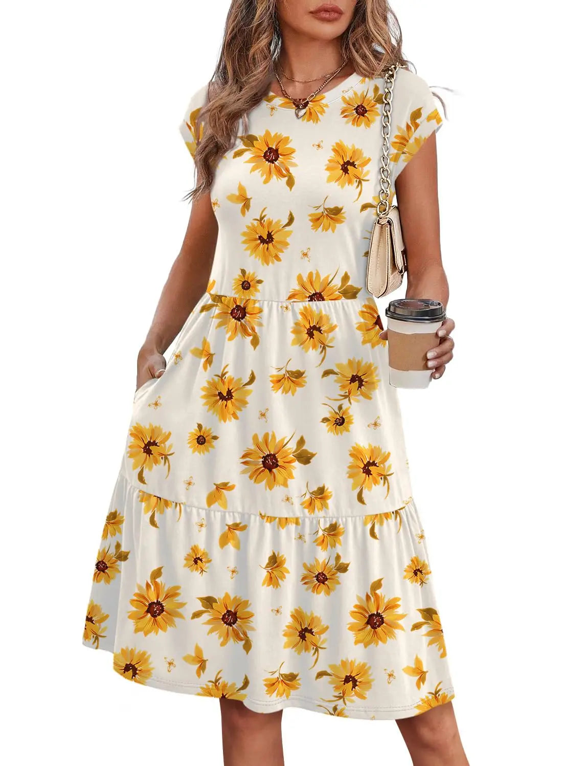 Women Cap Sleeve Casual Tiered Swing Dress Floral Print Summer Beach Vacation Dress