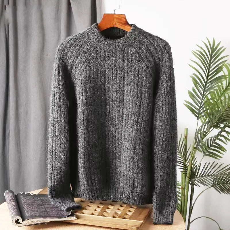 Wool Men Pullover Autumn Winter Thickening Warm Knitting Sweater Round Neck Raglan Sleeve Solid Long-Sleeve Casual Woolen Tops