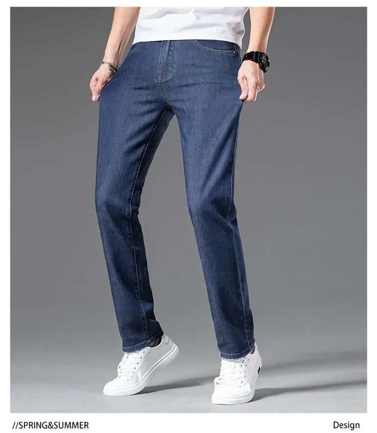 2026 Stretch Men's Fitted Straight Jeans Korean Youthful Vitality Spring Summer Thin Breathable Cotton  Lightweight Trousers