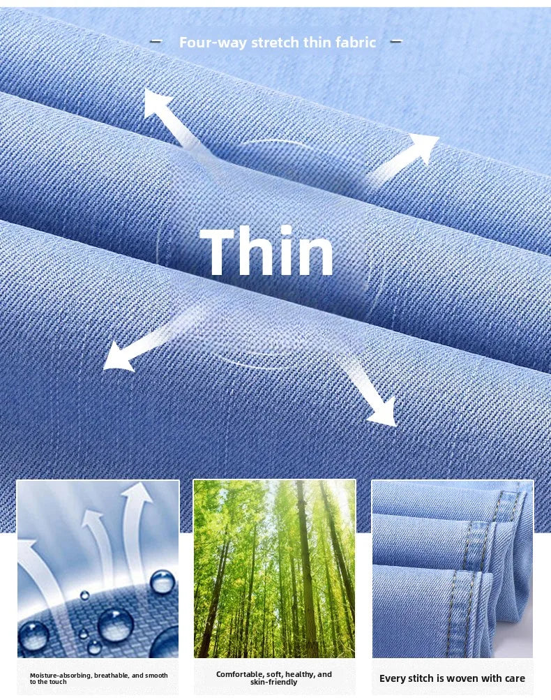 2026 Spring Summer 70% Lyocell Jeans Regular Fit Straight Ice Silk Style Business Casual Light Blue Stretch Cotton Denim