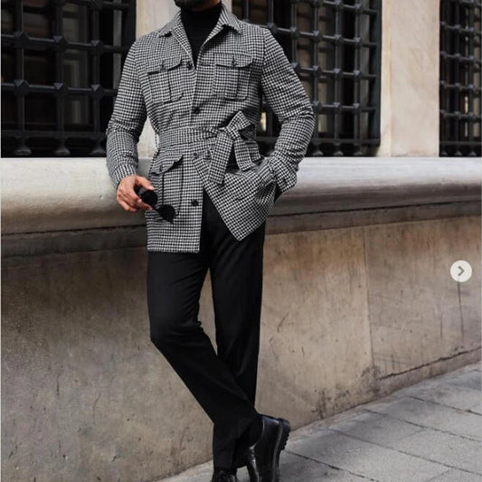 Classic Casual Business Houndstooth Suit Men 2 Piece Set Fashion Style Jacket Pants Stand Collar Wedding Party Tuxedos Outfits