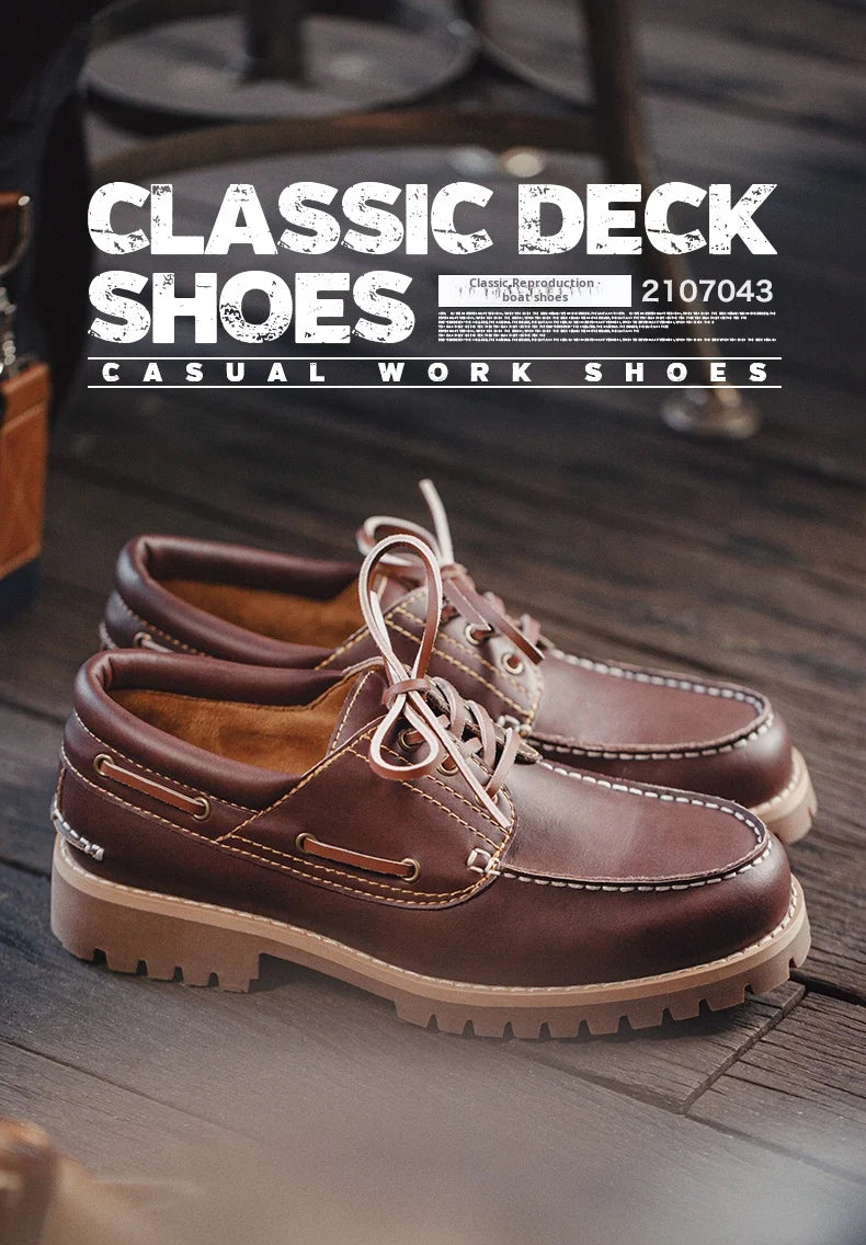 Maden Men's Vintage Boat Shoes Lace-up Round Toe Derby Shoes Low Top Boots British Style Classic Work Dress Shoes