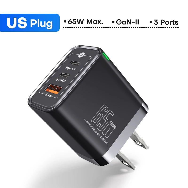 QOOVI GaN 45W USB Charger Fast Charging USB Type C Wall Charger PD QC3.0 Quick Charge For iPhone Samsung S23 S21 Laptop Tablet