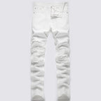Men's Pleated Patch Denim Biker Jeans Streetwear Pink White Cotton Pants Ripped Patchwork Slim Straight Trousers