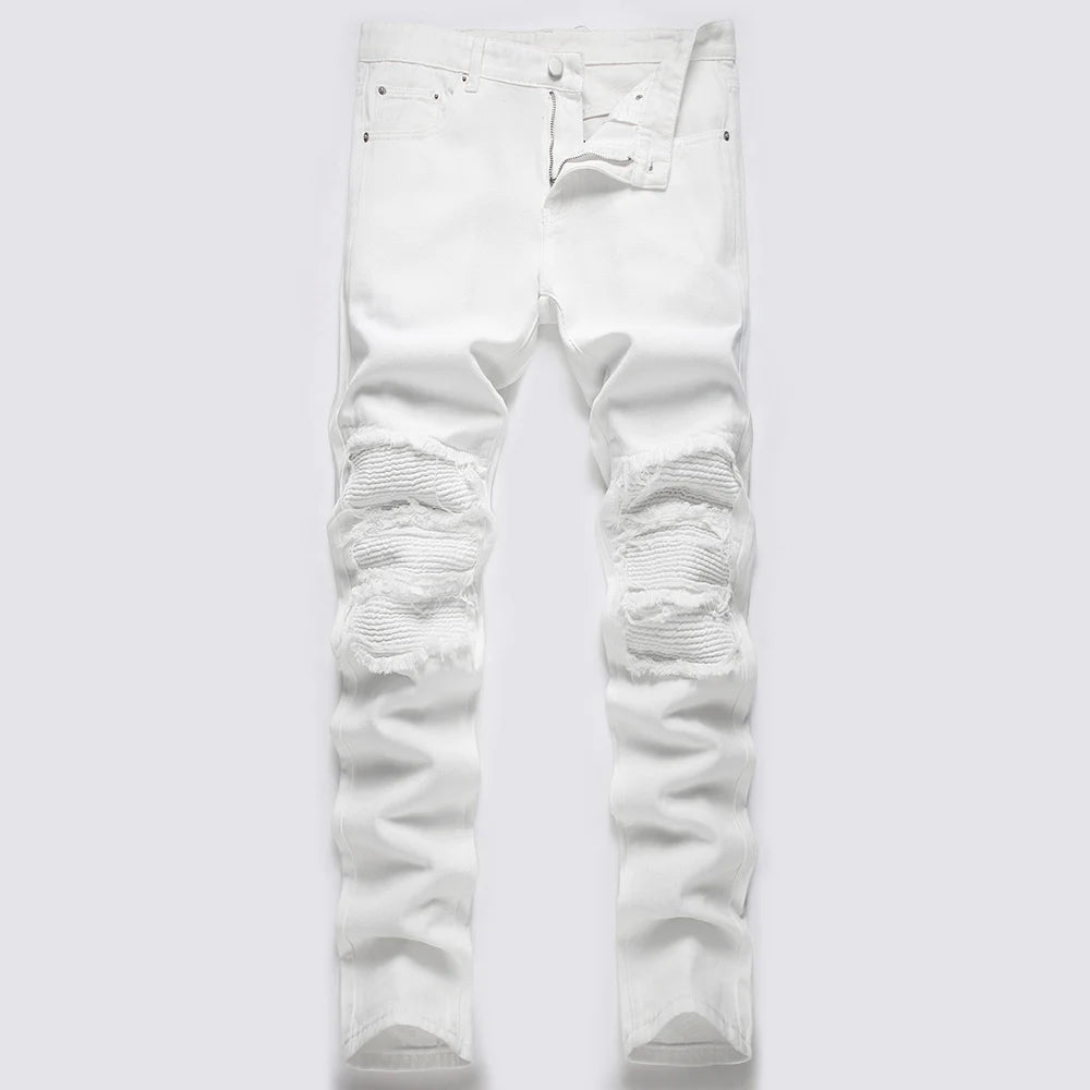 Men's Pleated Patch Denim Biker Jeans Streetwear Pink White Cotton Pants Ripped Patchwork Slim Straight Trousers