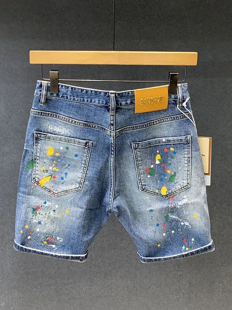 2025 Summer New Fashion Trend Printed Ripped Straight Stretch Jeans Men's Casual Loose Sports High Quality Denim Shorts 28-36
