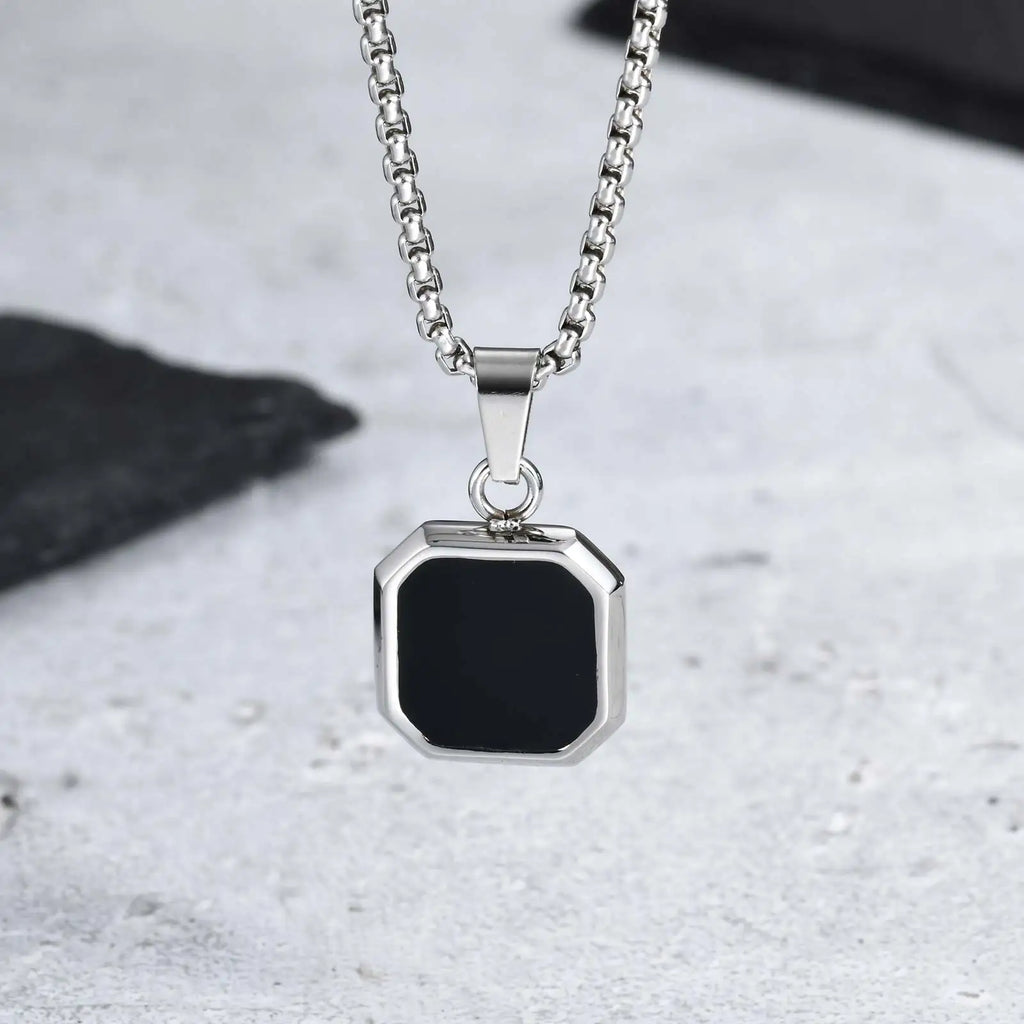 Stylish Men's Black Enamel Necklace,Stainless Steel Geometric Square Small Dogtags Necklace,Anniversary Birthday Father Gift