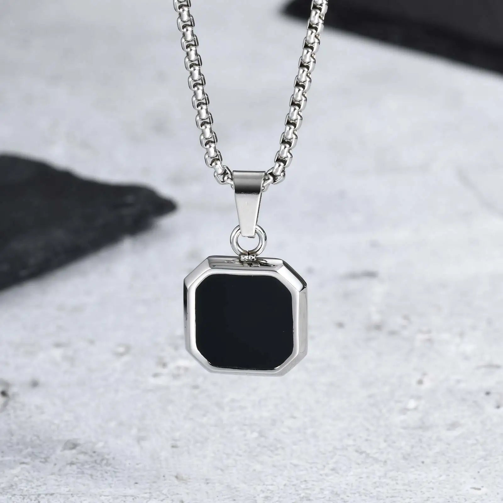 Stylish Men's Black Enamel Necklace,Stainless Steel Geometric Square Small Dogtags Necklace,Anniversary Birthday Father Gift