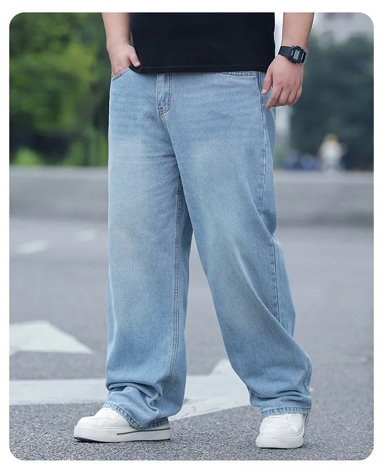 FENROOST Plus Size Men's High Waist Straight Leg Jeans Four Seasons Loose Baggy Denim Trousers Casual Versatile Long Pants New