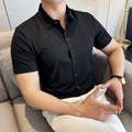 Men's White Business Casual Shirt, Fitted Striped Elastic Short-sleeved Shirt, Exquisite Embroidered Summer Formal Work Uniform.