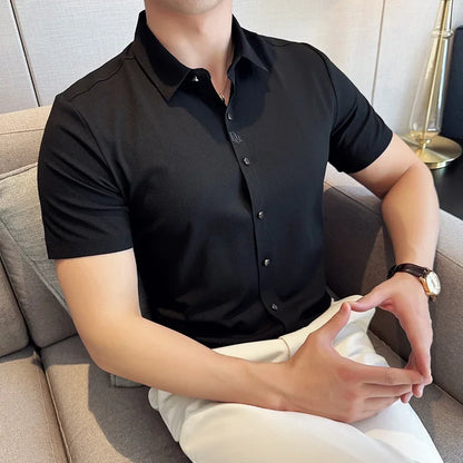 Men's White Business Casual Shirt, Fitted Striped Elastic Short-sleeved Shirt, Exquisite Embroidered Summer Formal Work Uniform.