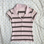 Striped Polo Collar Sweet Slim Shirt Women Short Sleeves Casual Harajuku Crop Top Japanese Style New Vintage Y2K Clothing 2025