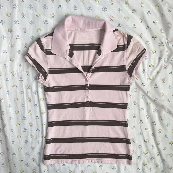 Striped Polo Collar Sweet Slim Shirt Women Short Sleeves Casual Harajuku Crop Top Japanese Style New Vintage Y2K Clothing 2025