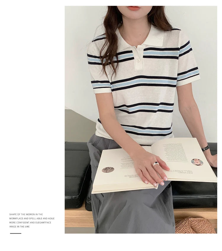 WinvyNee Summer Top Women's 100% Cotton Striped Polo T Shirt Women's Clothing Short Sleeve Casual Oversized Pullover A1522077