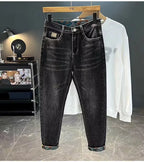 Men's Denim Pants Are Worn Washed Embroidered Smple Straight and Slim Fit With Small Legs