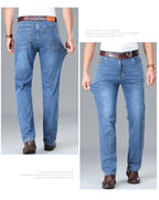 2026 Brand Thin or Thick Material Straight Cotton Stretch Denim Men's  Business Casual High Waist Light Grey Blue Jeans