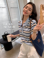Striped POLO Neck Ice Silk Short Sleeved Women's Summer Thin Fashion Loose Lapel Knit Top